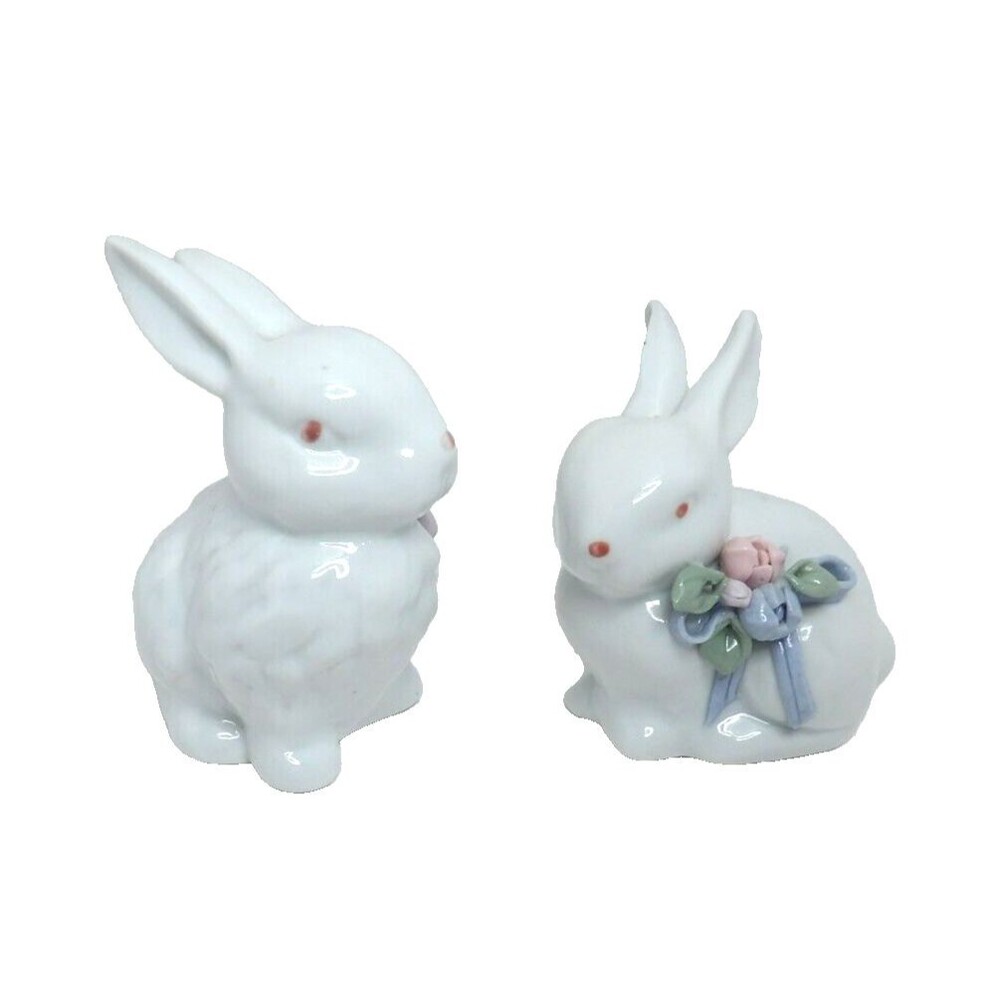 2 Porcelain White Rabbit Bunny Figurines Hand Painted Ceramic Spring Decor VTG